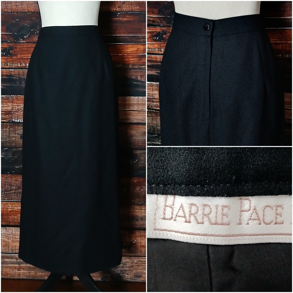 Barrie Pace Skirt Vintage Black Midi 100% Wool USA Made 30" Waist Lined Zip Back